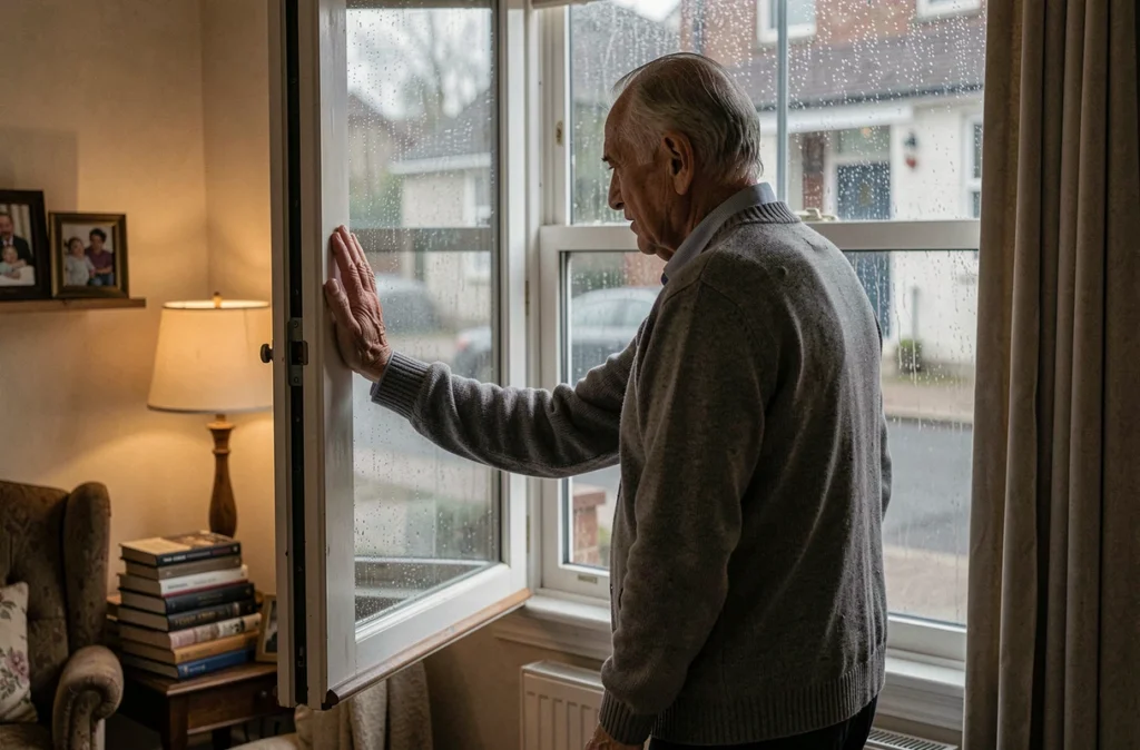 Homme âgé regardant par la fenêtre sous la pluie, symbole de mélancolie et de persévérance intérieure