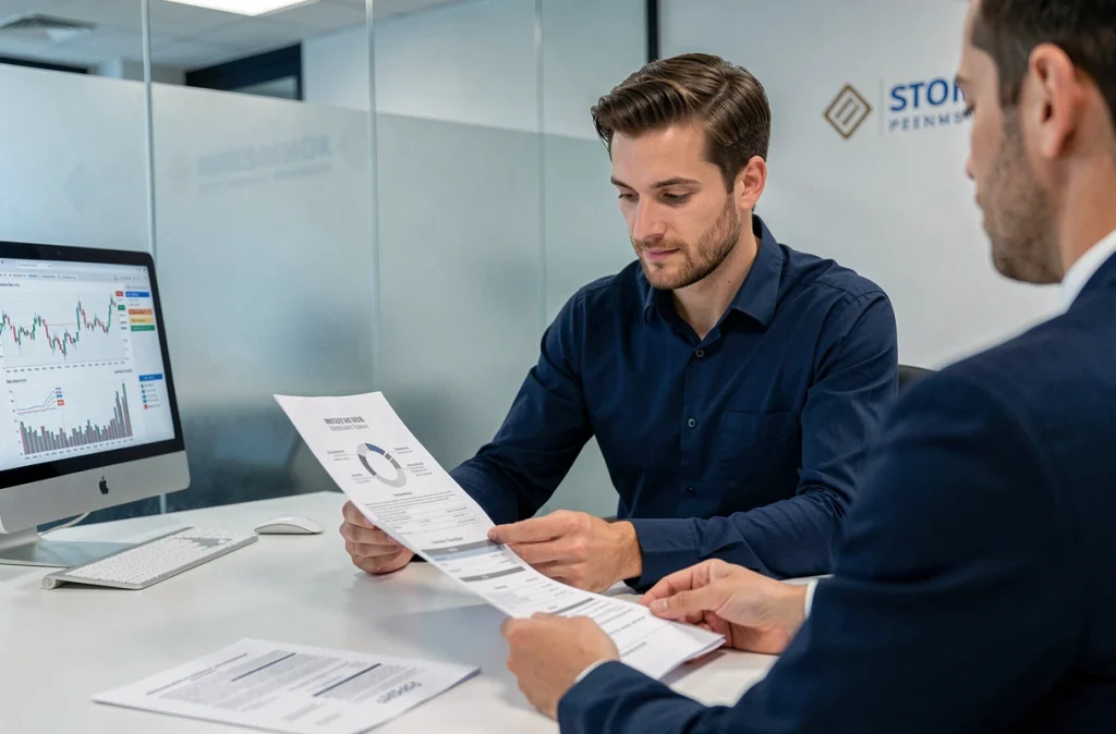 Homme en réunion avec un conseiller bancaire pour obtenir un prêt immobilier pour son premier appartement
