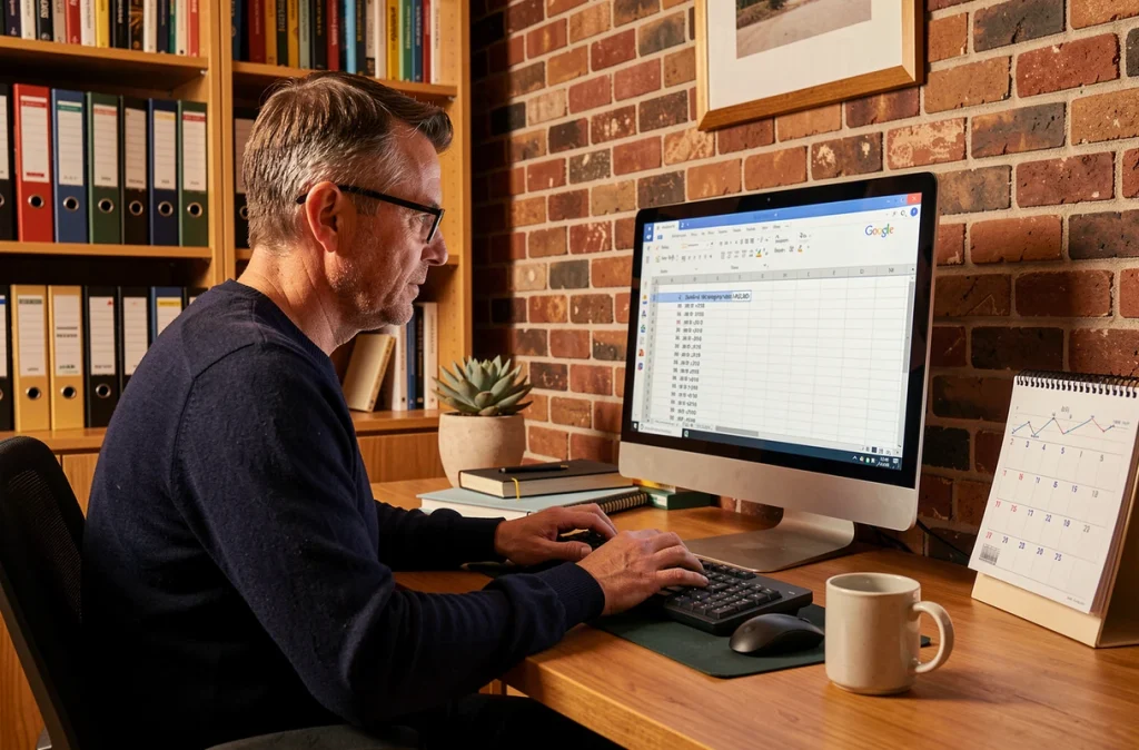 Homme saisissant une formule de calcul entre deux dates dans Google Sheets à domicile