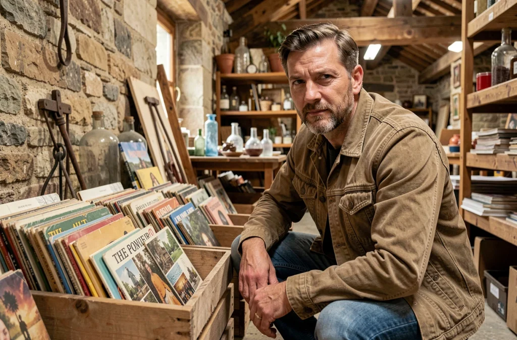 Homme fouillant des vinyles et cartes postales anciennes dans une brocante installée dans une grange en Auvergne