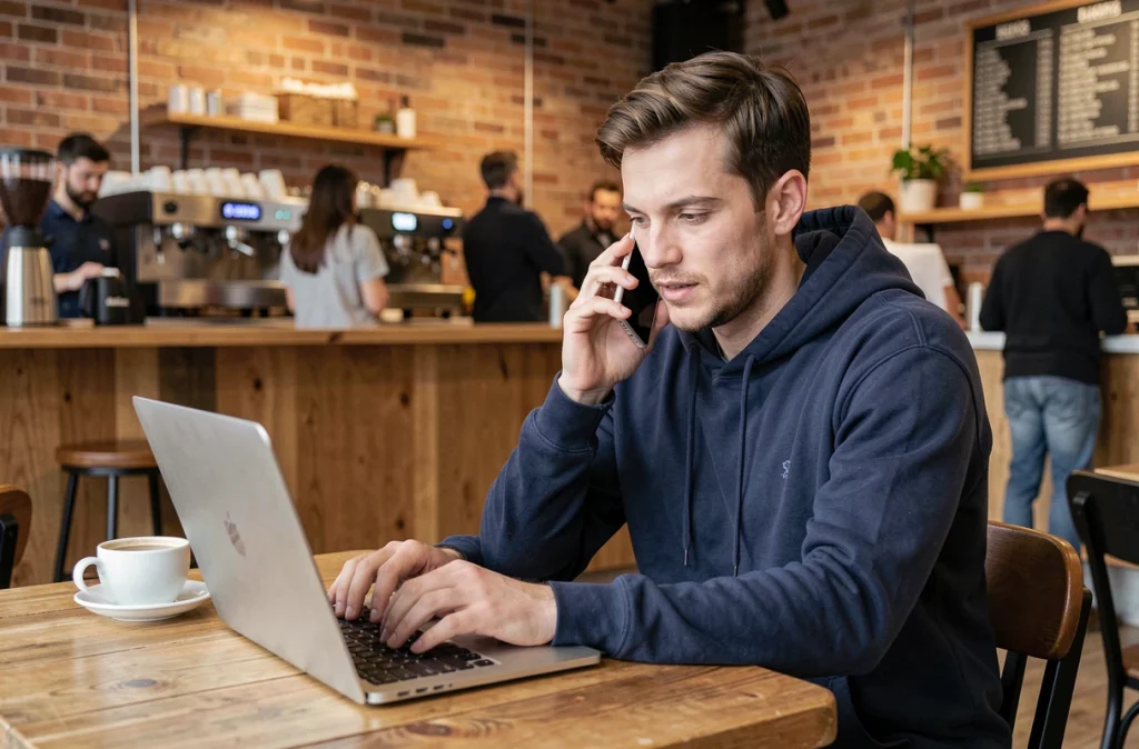 Homme contactant le service client AliExpress depuis un café avec son téléphone et son ordinateur