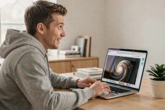 Homme surpris devant un ordinateur portable regardant un effet Barrel Roll tourner dans son navigateur Google