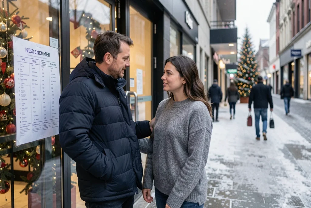 Couple consultant les horaires d'ouverture d'un centre commercial affiché sur la vitrine un dimanche de décembre avant Noël
