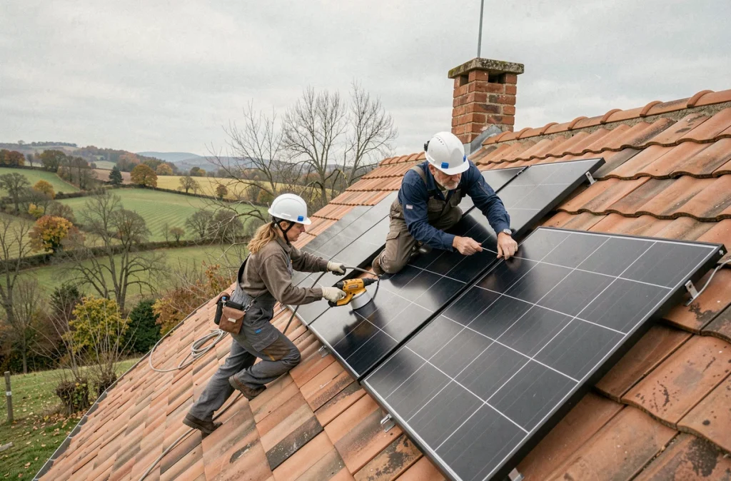 Techniciens posant des panneaux solaires photovoltaïques sur le toit d'une maison de campagne française lors d'une rénovation énergétique