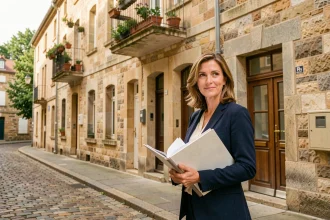 Femme investisseuse immobilière devant un immeuble résidentiel dans une ville moyenne française