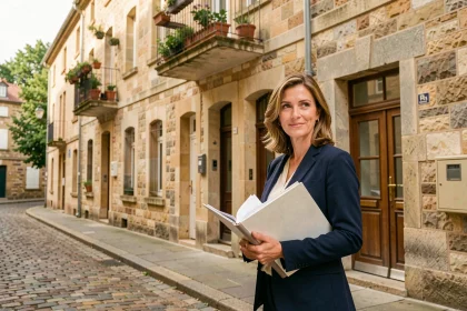 Femme investisseuse immobilière devant un immeuble résidentiel dans une ville moyenne française