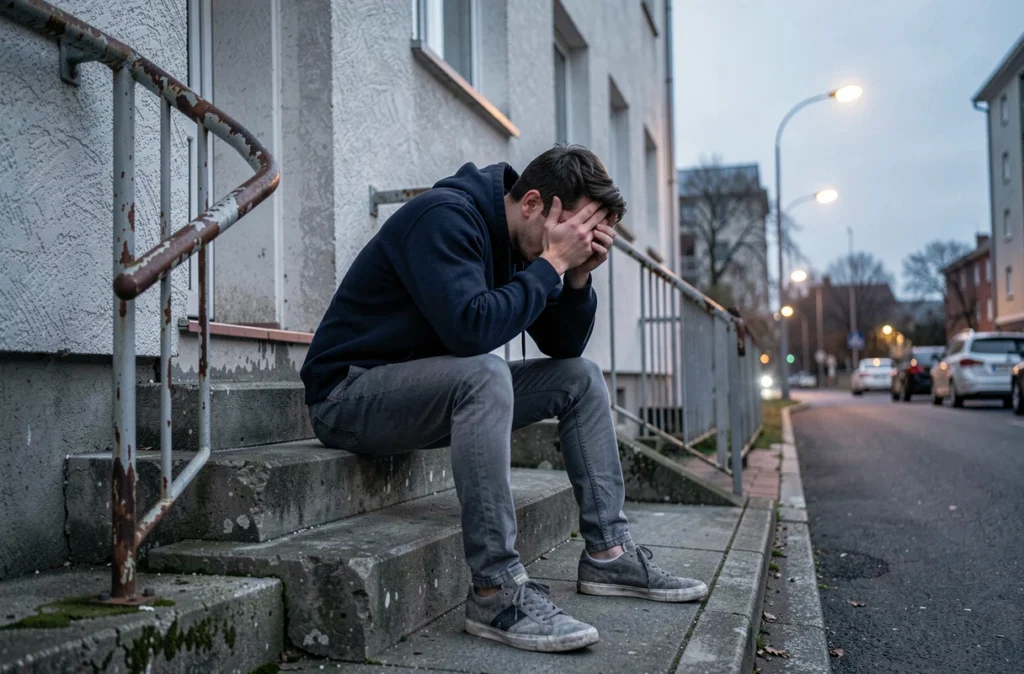Jeune homme la tête dans les mains assis sur des marches urbaines, représentant la tristesse et la résilience face à l'adversité