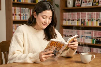 Jeune femme lisant un manga Just Friend dans un espace de lecture cosy, illustrant la lecture de manga en VF à la maison