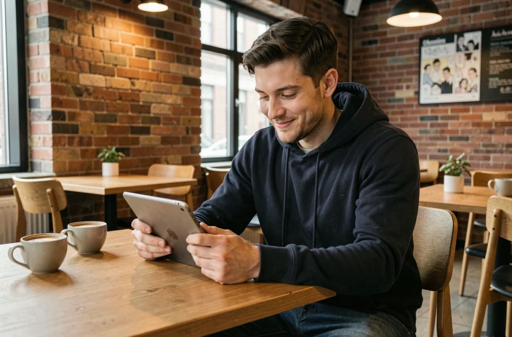Jeune homme lisant un manga numérique sur tablette dans un café moderne, symbolisant la lecture légale de manga en VF en ligne