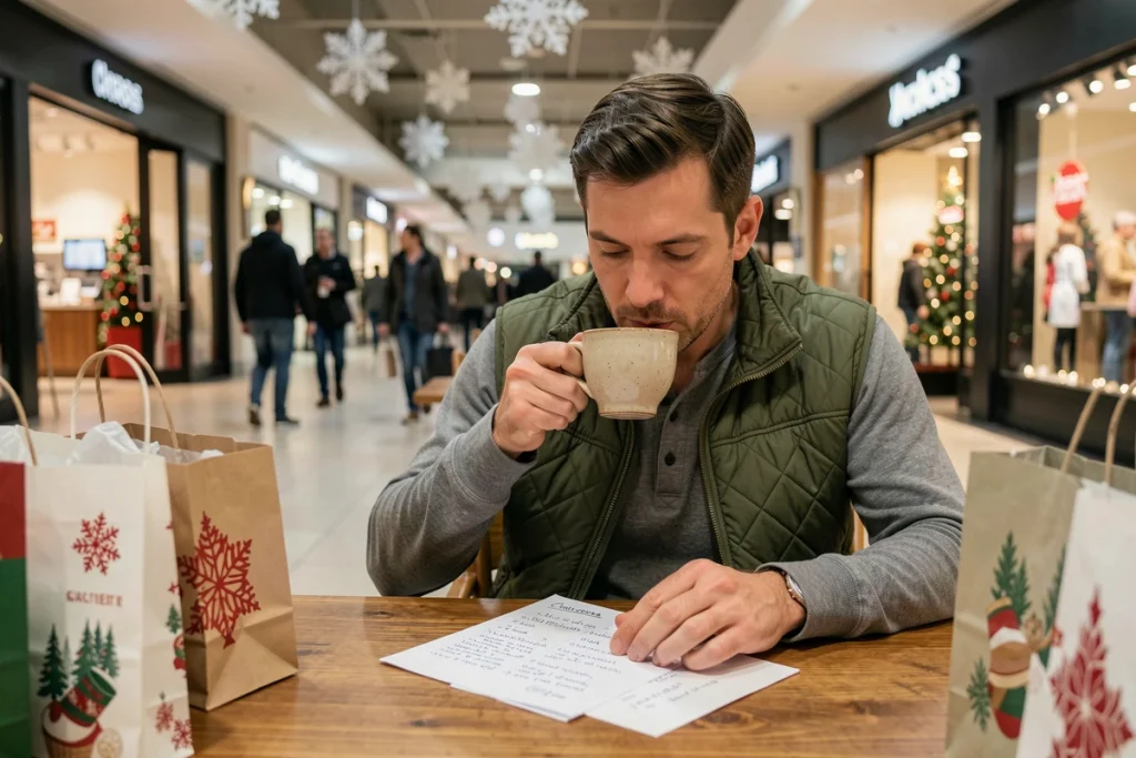 Homme assis dans un food court de centre commercial le dimanche, entouré de sacs de shopping de Noël et consultant sa liste de cadeaux