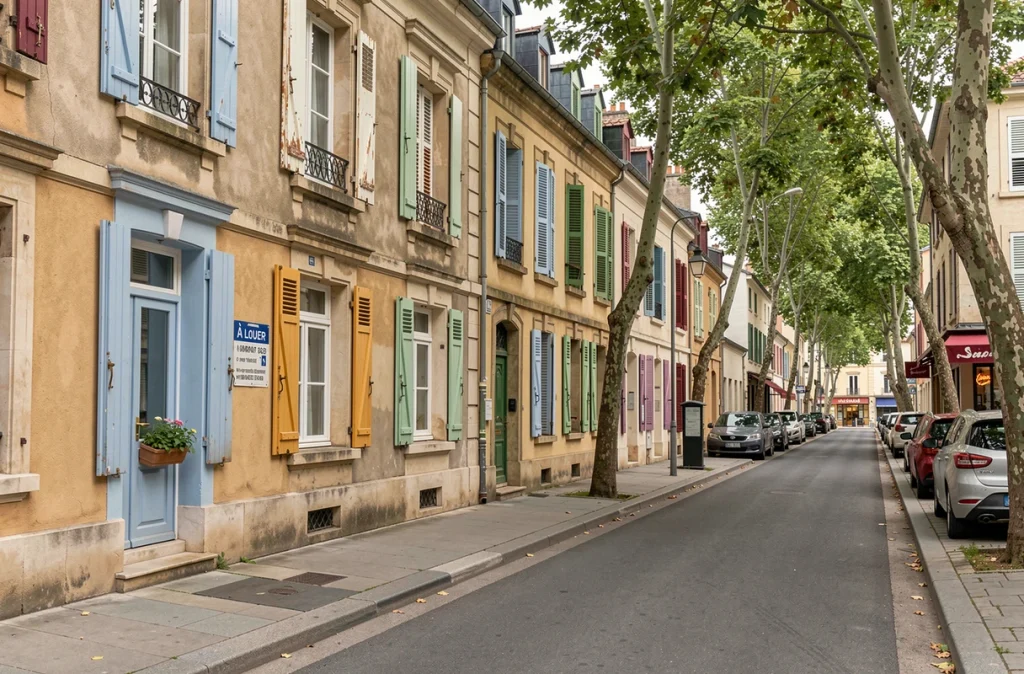 Rangée de maisons de ville françaises avec panneau À Louer dans une rue résidentielle de ville moyenne