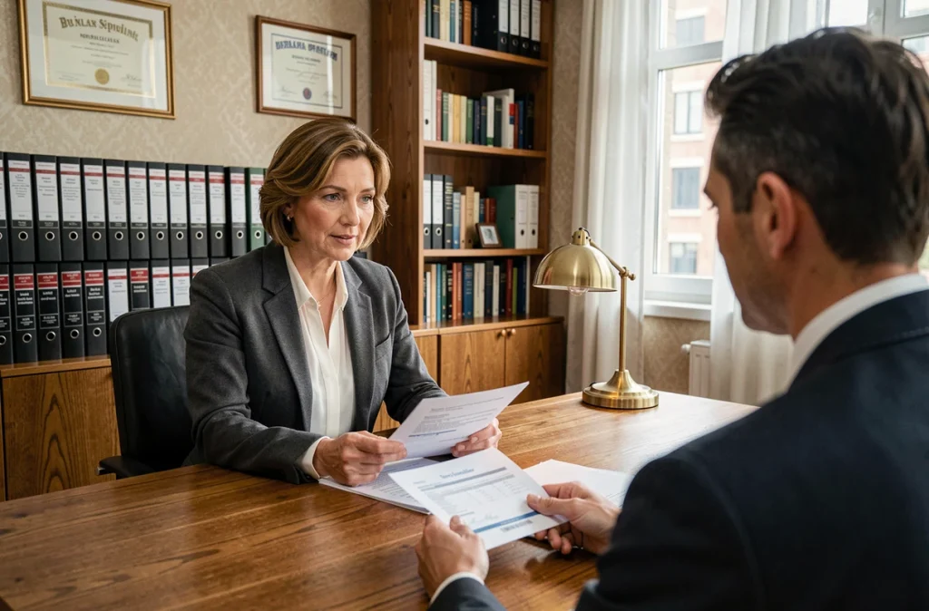 Notaire présentant les documents de diagnostic immobilier obligatoire à un acquéreur avant compromis