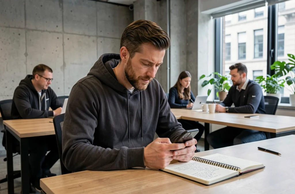 Homme consultant les pages blanches inversées sur son smartphone dans un espace de coworking