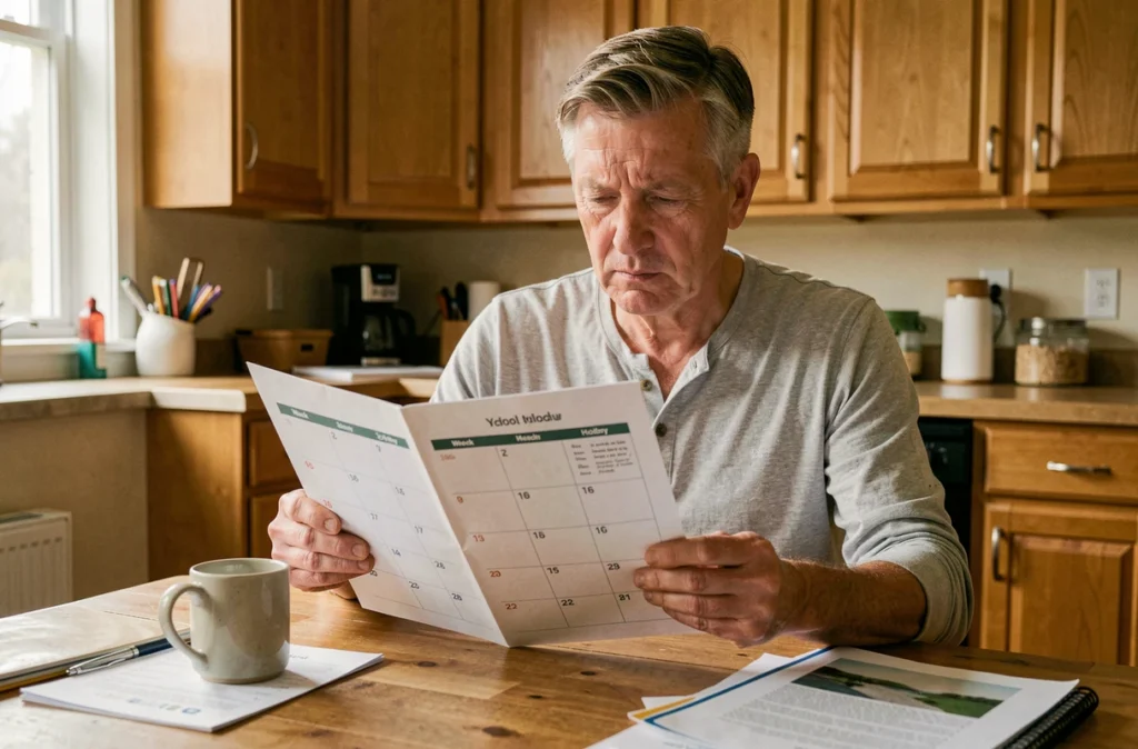Parent consultant un agenda scolaire avec les semaines impaires et dates de vacances scolaires 2026