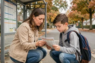 Mère et enfant consultant l'horaire du bus scolaire à un arrêt de bus à Sarreguemines avant la rentrée