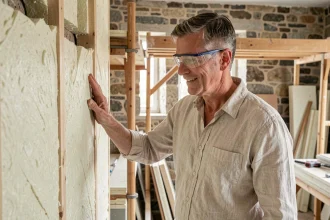 Propriétaire français inspectant l'isolation thermique lors de travaux de rénovation énergétique dans son logement