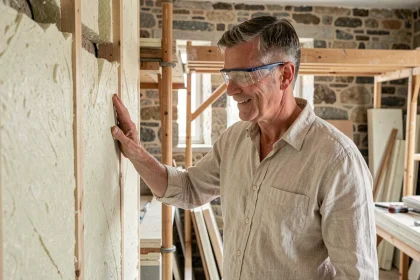 Propriétaire français inspectant l'isolation thermique lors de travaux de rénovation énergétique dans son logement