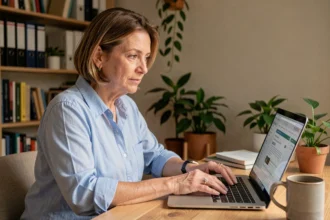 Femme cherchant une adresse postale sur un annuaire en ligne depuis son bureau à domicile