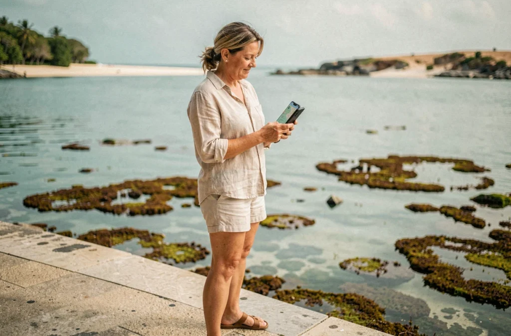 Touriste consultant son téléphone sur le bord de mer en Guadeloupe face aux algues sargasses