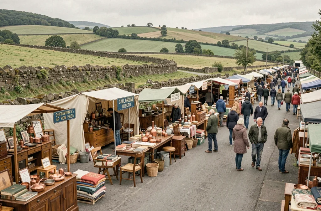 Vue panoramique d'un grand marché à la brocante en plein air dans la campagne du Cantal