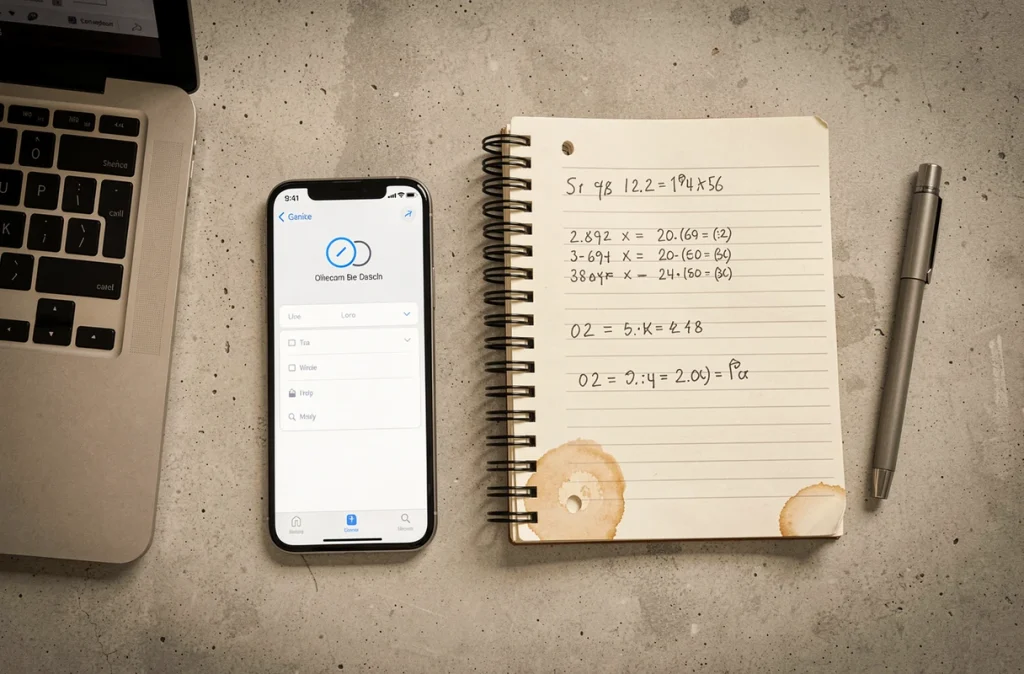 Vue à plat d'un bureau avec laptop, smartphone et carnet montrant des calculs de dates
