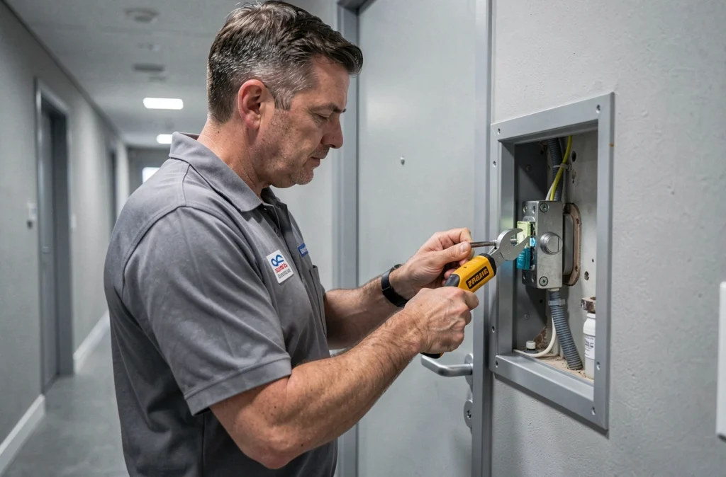 Technicien ACMS assurant une maintenance combinée de plomberie et de serrurerie en immeuble