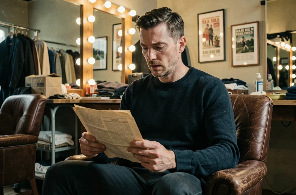 Acteur français lisant un script en coulisses dans une loge de théâtre classique, ambiance authentique et concentrée