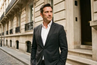 Acteur français en costume élégant devant un immeuble haussmannien à Paris, regard confiant et posé