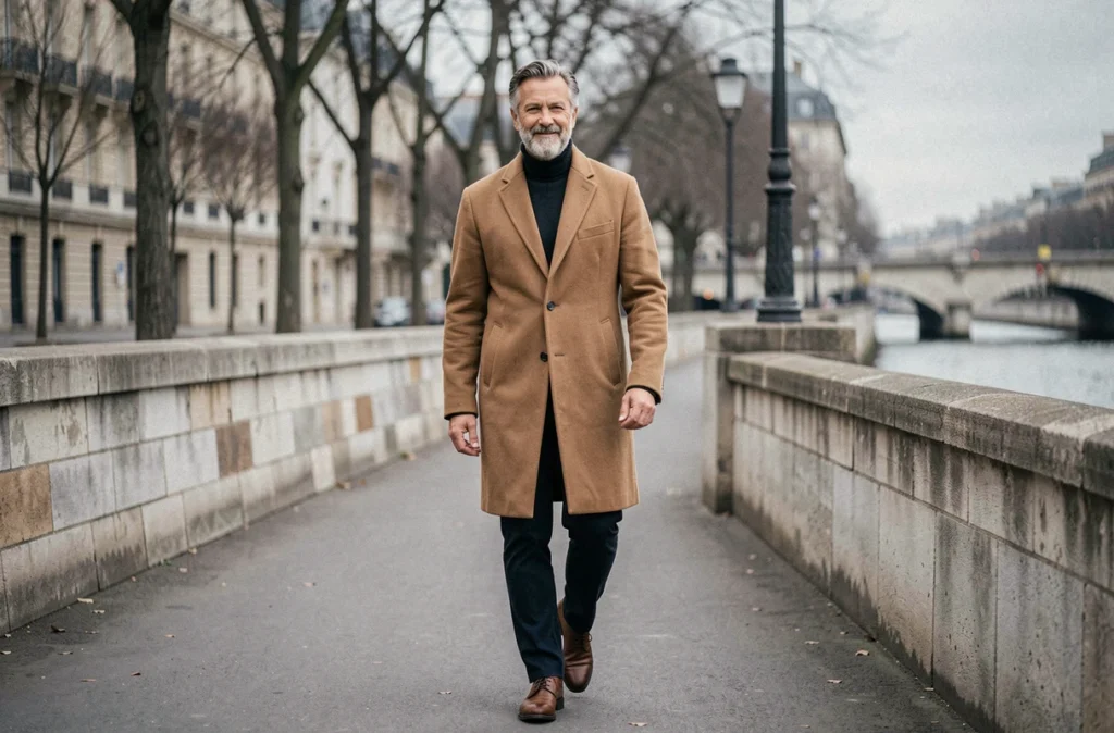 Acteur français expérimenté se promenant sur les quais de la Seine en hiver, allure élégante et naturelle
