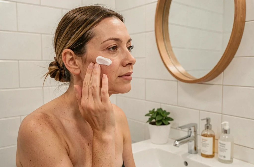 Femme appliquant une crème BELMASS sur son visage dans une salle de bain moderne et épurée