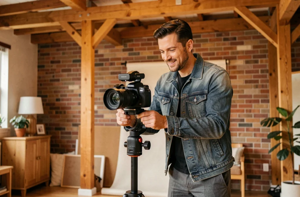 Photographe et vidéaste de Charlot Photo Vidéo préparant un gimbal dans un studio aux poutres en bois apparentes