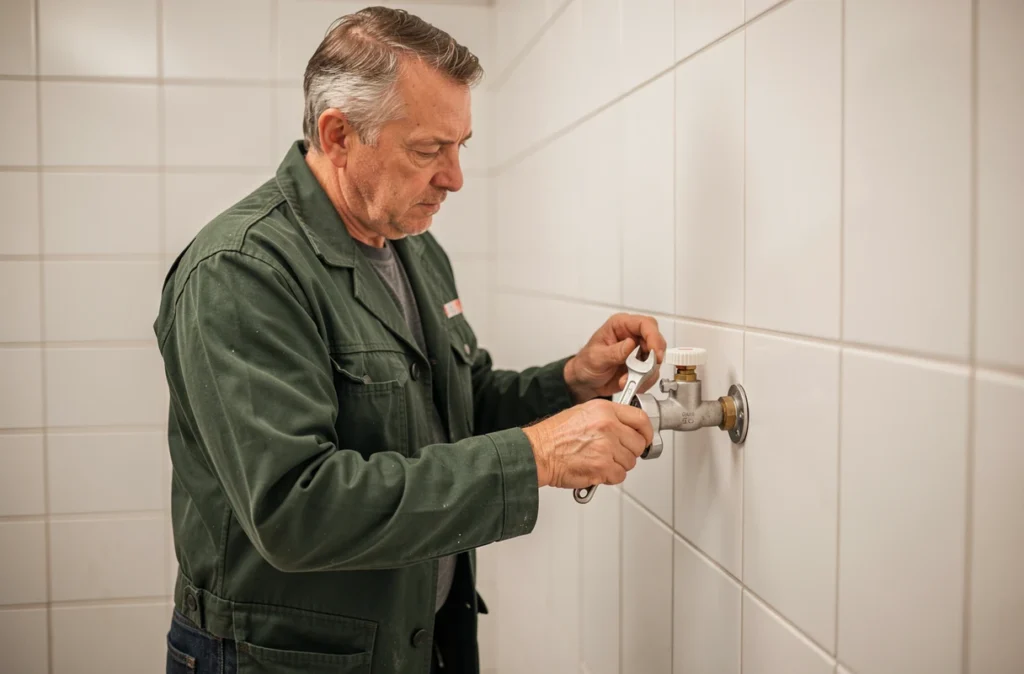 Chevreul Alain, plombier installé à Angers, inspectant un mitigeur thermostatique