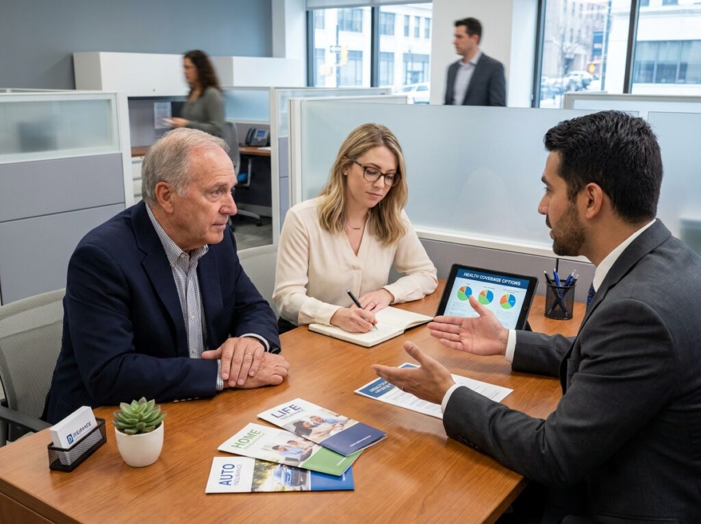 Couple en consultation avec un conseiller en mutuelle santé dans un bureau moderne pour choisir la meilleure couverture selon leurs besoins