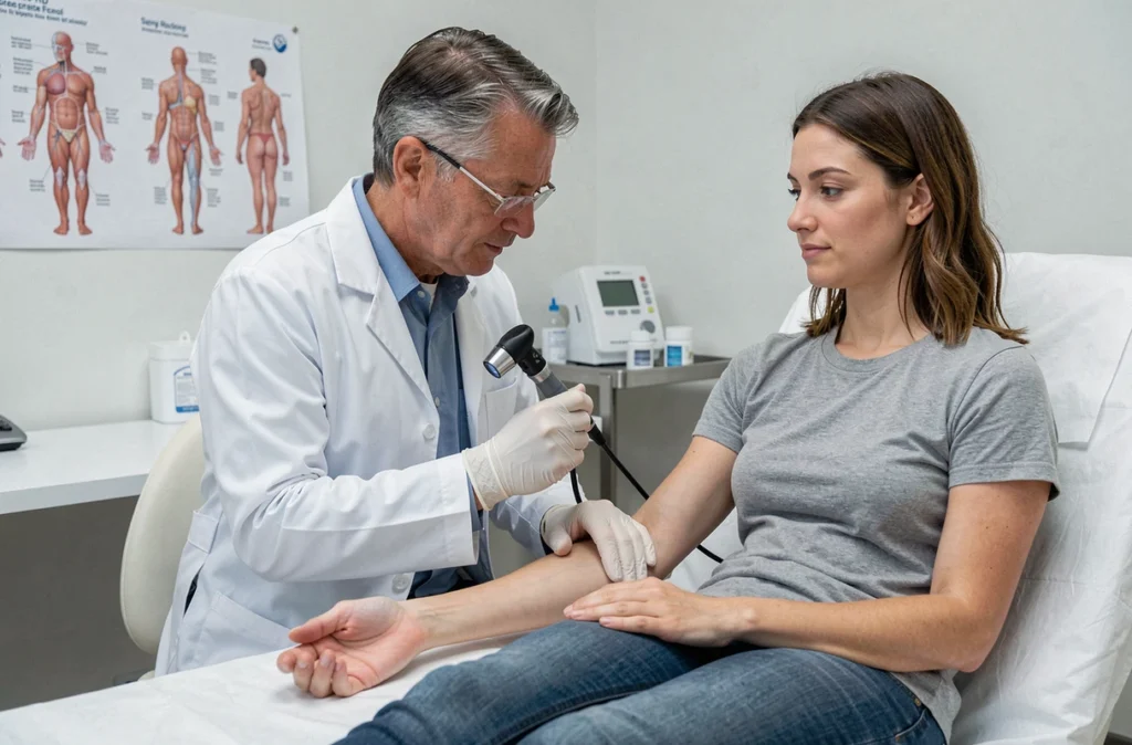 Dermatologue examinant la peau d'une patiente lors d'une consultation médicale pour traitement BELMASS