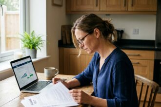 Femme d'une quarantaine d'années comparant des offres de mutuelle santé sur des documents imprimés et un ordinateur portable à la maison