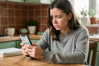 Femme regardant son téléphone avec une expression perplexe, se demandant si son numéro est bloqué