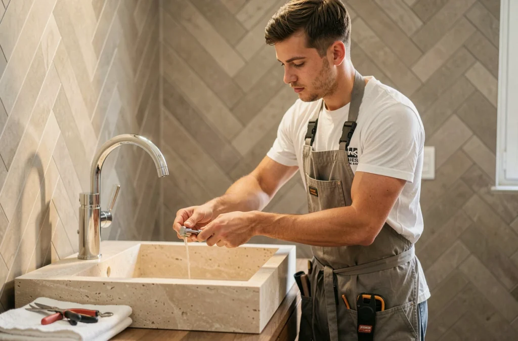 Artisan plombier Girault Plomberie installant un robinet sur un lavabo en pierre à Nantes