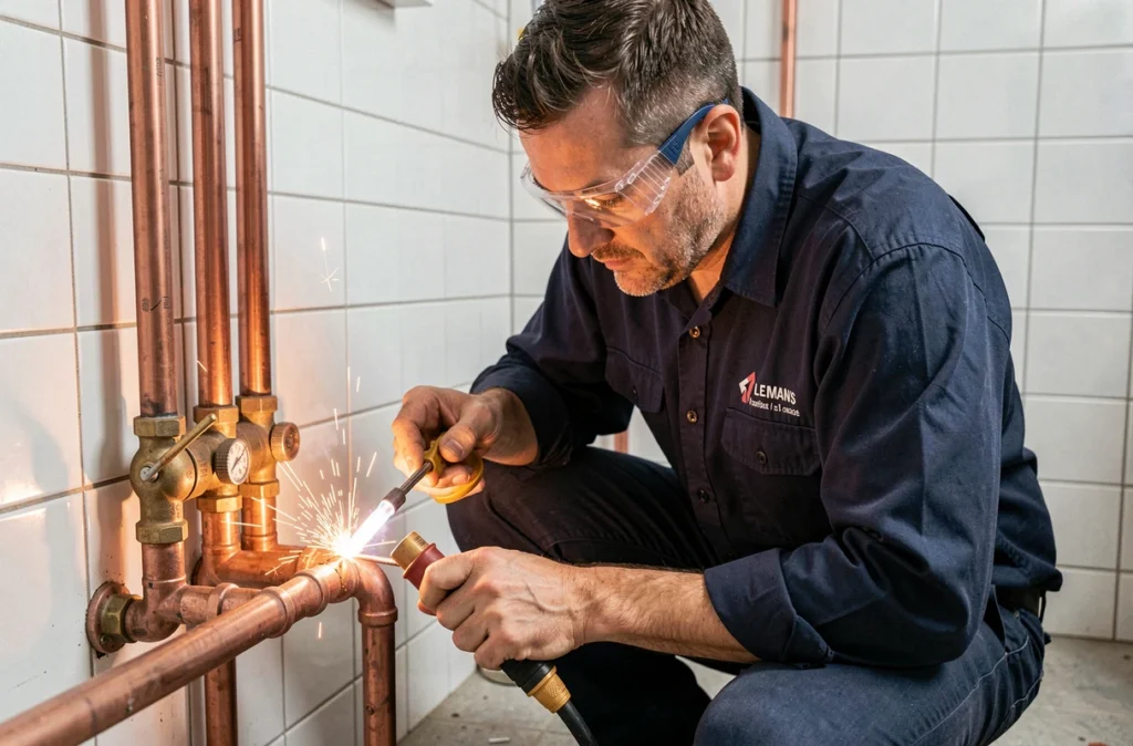 Technicien Hanotaux Plomberie soudant un raccord en cuivre dans une pièce technique au Mans