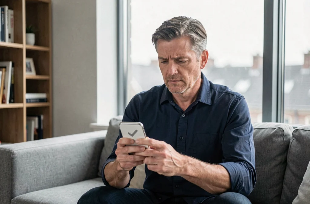 Homme consultant son application de messagerie pour vérifier si son message a bien été reçu ou s'il est bloqué