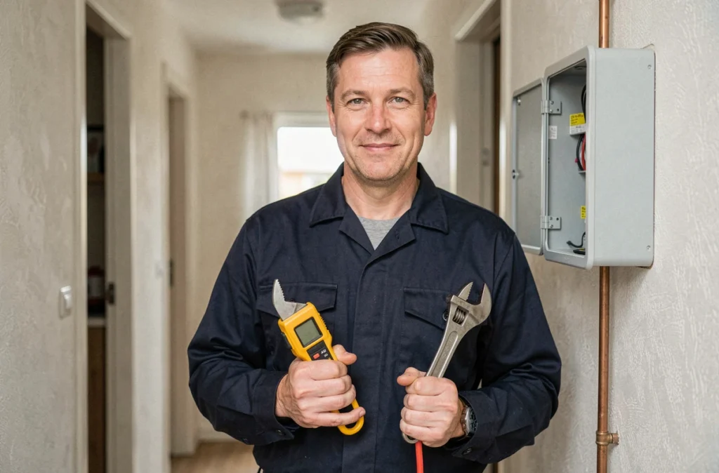 Lhermenier, électricien et plombier au Mans, tenant les outils de ses deux corps de métier