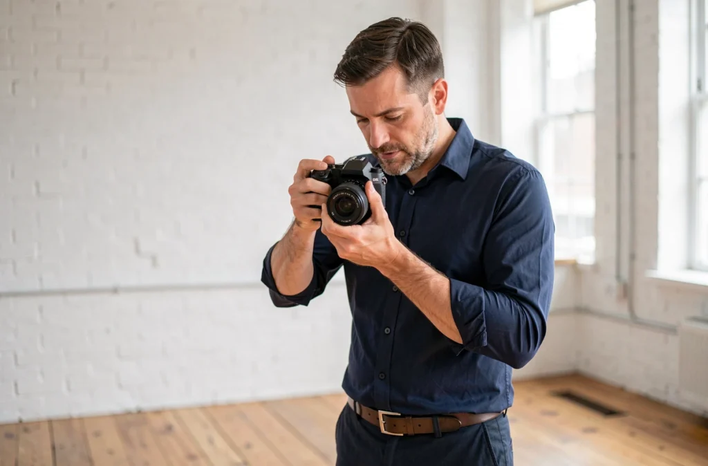 Maxime Morette, photographe professionnel, consultant ses photos dans un studio moderne aux murs en briques blanches