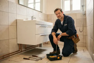 Plombier professionnel en train de travailler dans une salle de bain moderne dans les Pays de la Loire