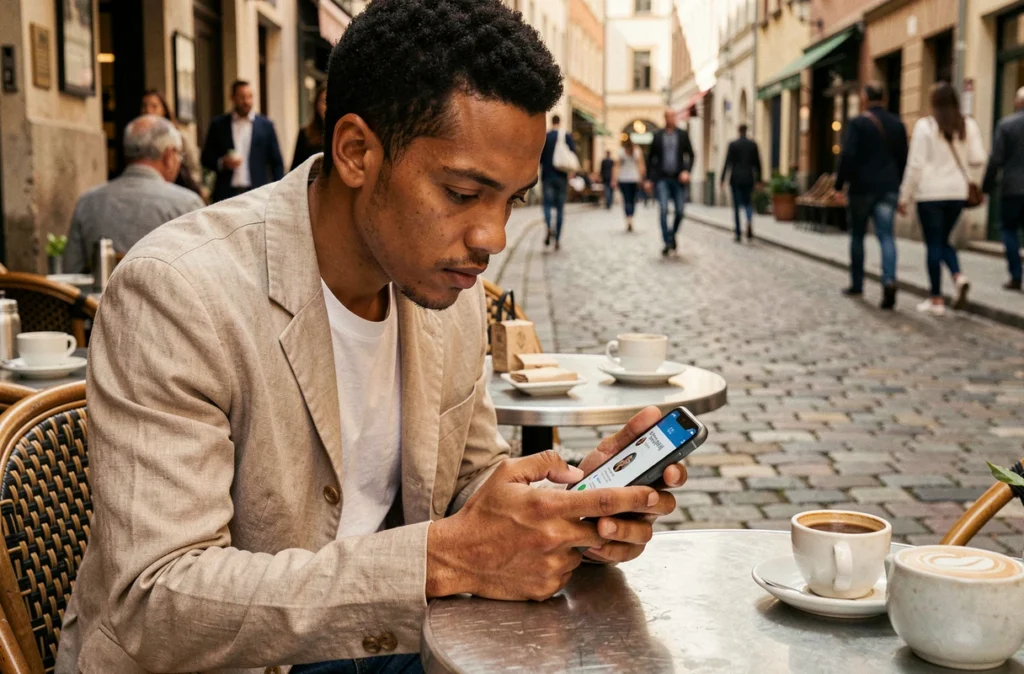 Personne assise en terrasse de café examinant son téléphone pour savoir si son contact l'a bloqué