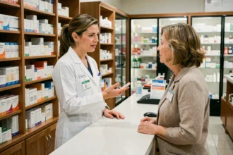 Pharmacienne expliquant l'utilisation de BELMASS à une cliente dans une pharmacie professionnelle