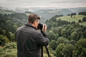 Photographe professionnel en pleine nature dans les Ardennes, appareil photo sur trépied face à une vallée boisée et brumeuse