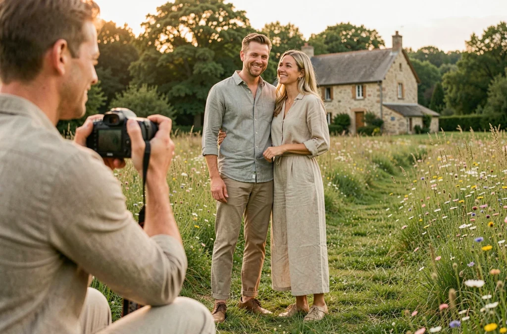 Séance photo romantique en plein air dans les prairies ardennaises par Photos De Reve, couple en lin devant une ferme en pierre