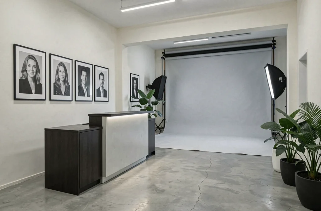 Intérieur du Studio Fotirage avec fond de prise de vue, impressions encadrées et espace d'accueil moderne