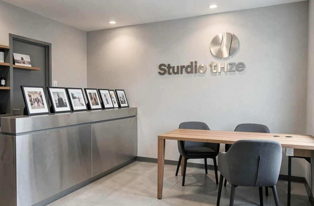Intérieur accueillant du Studio Thieblemont avec comptoir de réception, tirages encadrés et espace de consultation moderne