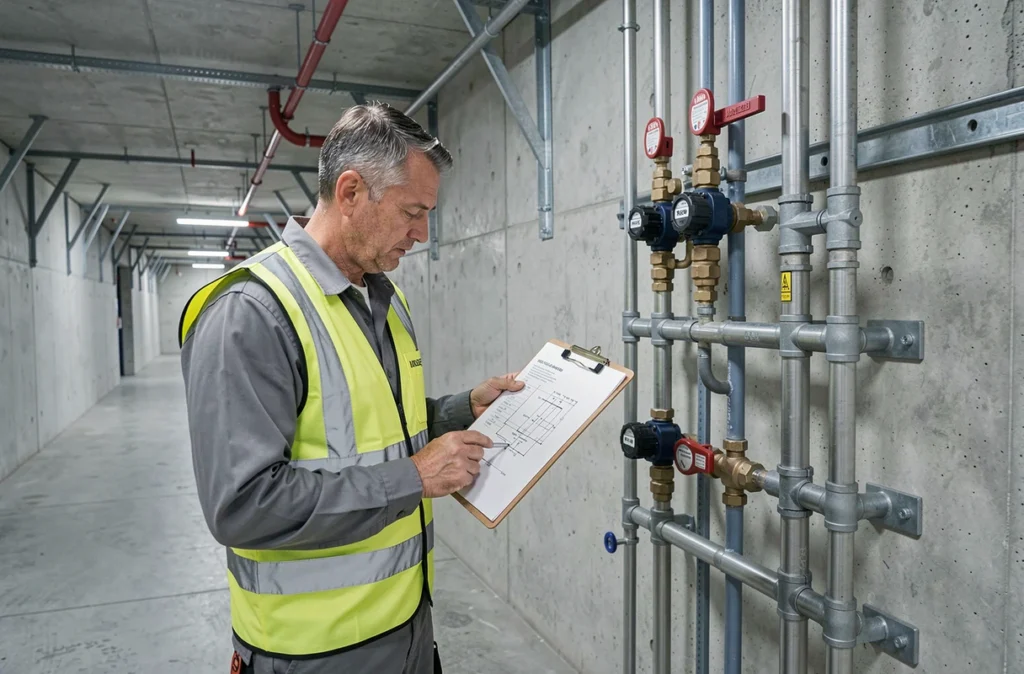 Technicien de l'Union Technique du Bâtiment effectuant une maintenance collective sur un réseau de plomberie