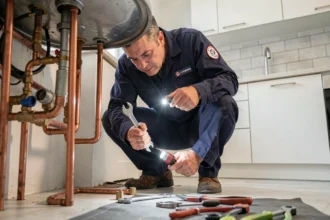 Plombier d'urgence intervenant sous un évier dans un appartement moderne du Rhône